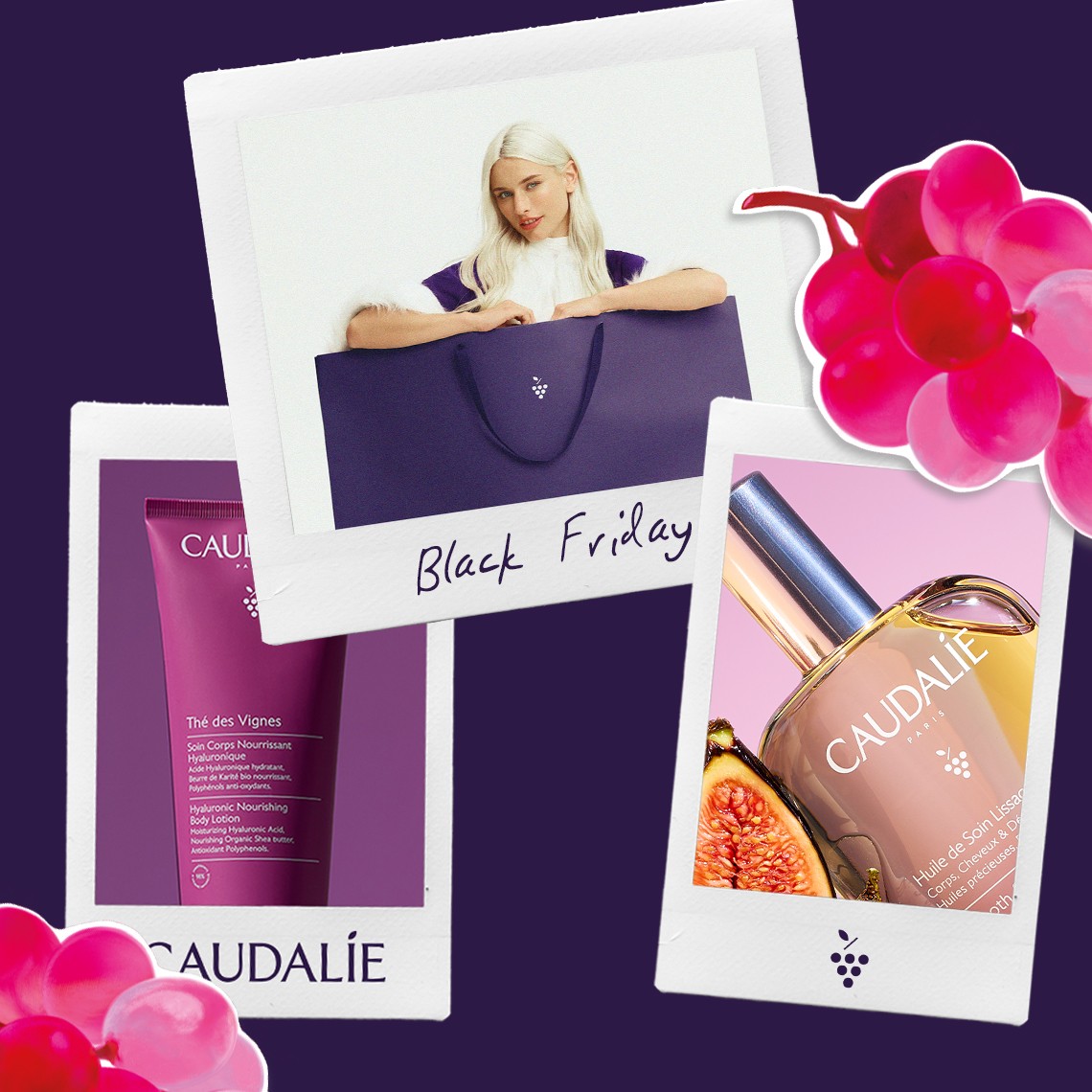 Purple-themed Caudalie promotional banner featuring skincare products, a woman holding a bag, and grape illustrations.