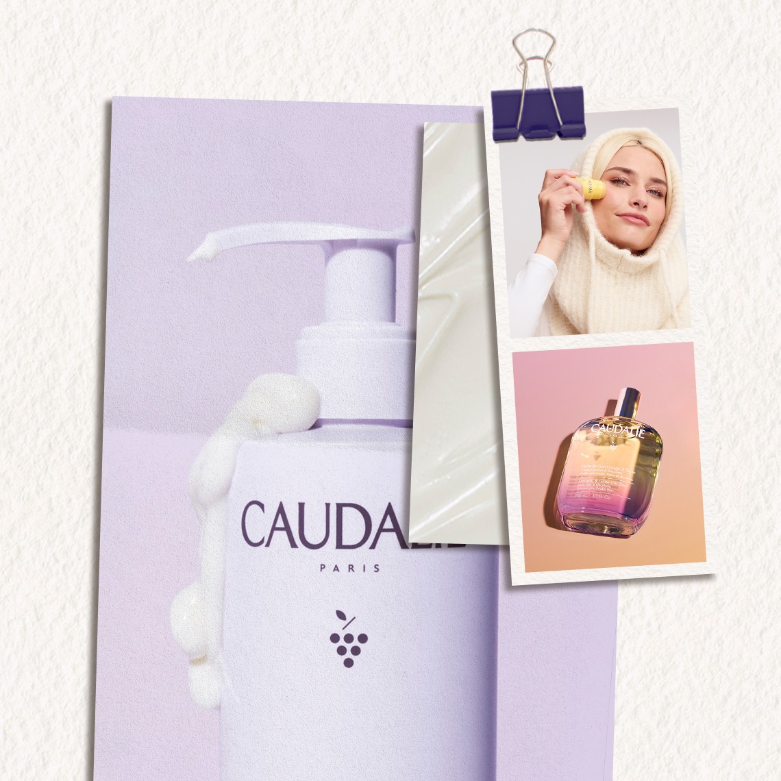 Collage of Caudalie skincare products with a bottle, a woman using a product, and a purple binder clip on a textured background.