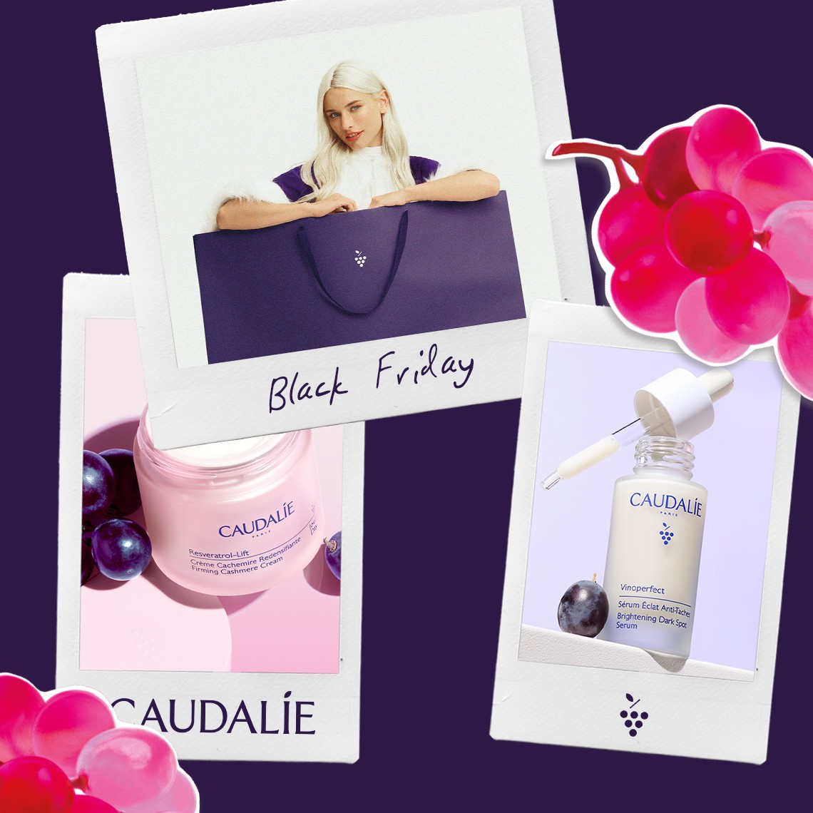 Collage of Caudalie skincare products, a woman with a purple bag, and grape illustrations on a dark purple background. Black Friday text included.