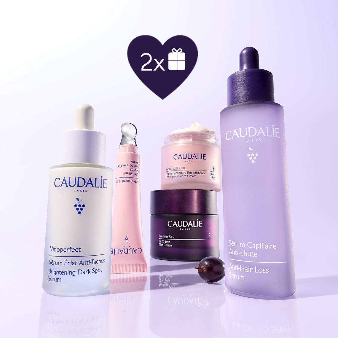 Caudalie skincare products collection including serum, eye cream, moisturizer, and anti-hair loss serum with 2x points promotion heart icon.