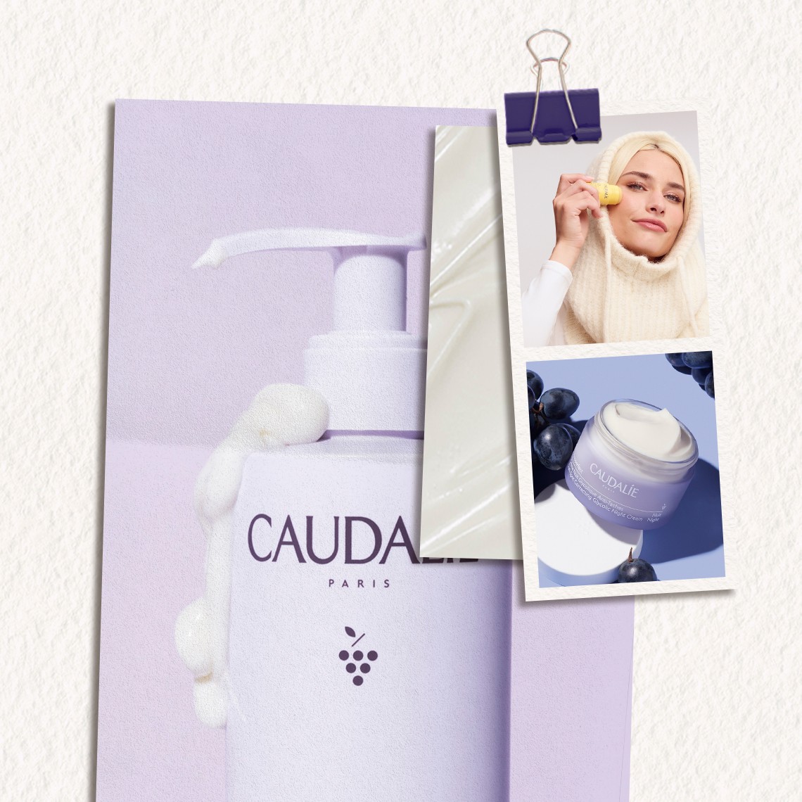 Collage of a skincare product with a pump, a woman applying face cream, and a jar of cream beside blueberries, set against a light background.