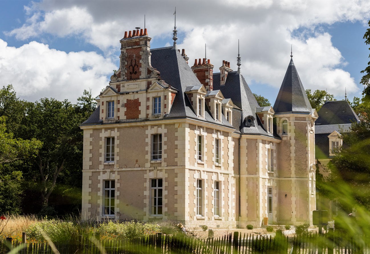 Elegant French chateau with slate roofs and turrets, brick accents, surrounded by trees and pond vegetation under a blue sky.