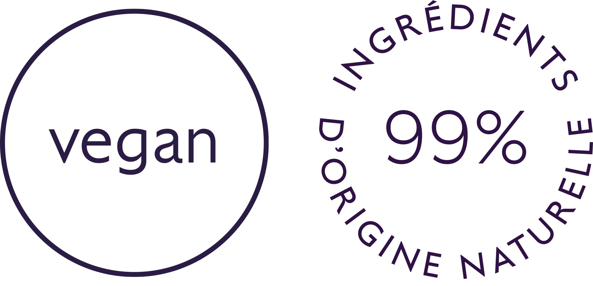 Vegan badge with circular design stating "vegan" and "99% organic ingredients naturally pure" in dark blue text on white background.