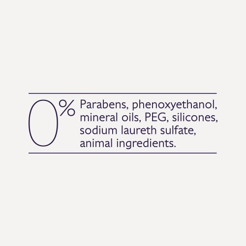 Text listing ingredients with "0%": parabens, phenoxyethanol, mineral oils, PEG, silicones, sodium laureth sulfate, animal ingredients.