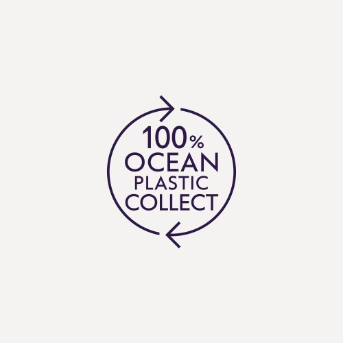 Circular icon with arrows and text "100% Ocean Plastic Collect" on a white background.