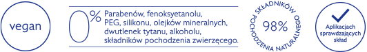 Labels showcasing vegan certification, 98% natural ingredients, and absence of parabens, silicones, and synthetic dyes, in blue text.