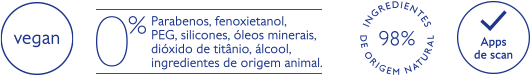 Vegan, 0% Parabens & co, 98% natural ingredients origin, Apps scan
