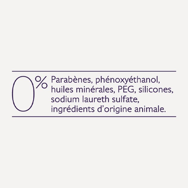 Text indicating the absence of parabens, phenoxyethanol, mineral oils, PEG, silicones, sodium laureth sulfate, and animal-derived ingredients.