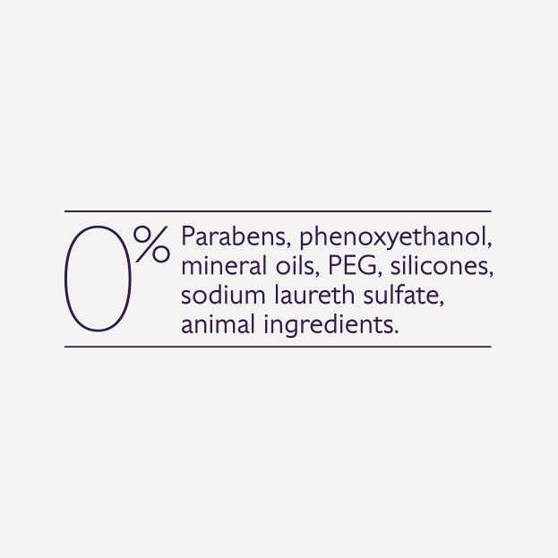 Text stating "0% Parabens, phenoxyethanol, mineral oils, PEG, silicones, sodium laureth sulfate, animal ingredients" on a white background.